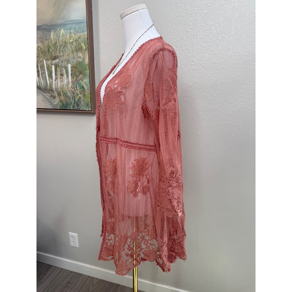 Boho Lace Kimono Dusty Rose Crochet Duster Cardigan Festival Cover Up - Picture 2 of 6
